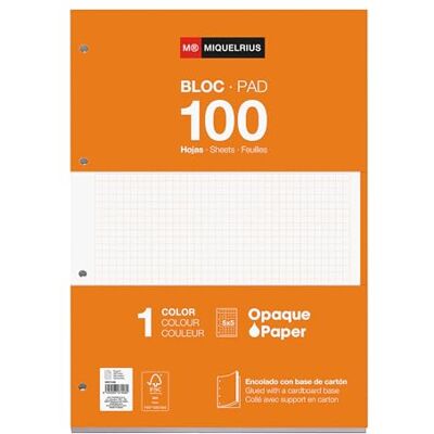 Miquelrius Bloc de recharge A4, 100 feuilles à carreaux 5x5 mm, Avec marge et en-tête pour les titres, Papier opaque 70 g/m², 4 perforations pour classeur à anneaux, Couleur orange - Publicité Miquelrius Bloc de recharge A4, 100 feuilles à carreaux 5x5 mm, Avec marge et en-tête pour les titres, Papier opaque 70 g/m², 4 perforations pour classeur à anneaux, Couleur orange - Publicité