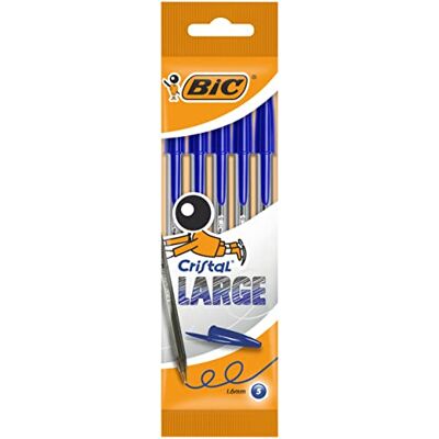 BIC Cristal Large Pochette de 5 Stylos-billes Bleu - Publicité BIC Cristal Large Pochette de 5 Stylos-billes Bleu - Publicité