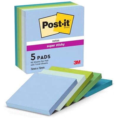 Post-It Notes Autocollantes Super Sticky, Pack de 5 Blocs, 90 Feuilles par Bloc, 76 mm x 76 mm Feuillets Super Adhésifs pour Prise de Notes, Listes de Tâches et Rappels - Publicité Post-It Notes Autocollantes Super Sticky, Pack de 5 Blocs, 90 Feuilles par Bloc, 76 mm x 76 mm Feuillets Super Adhésifs pour Prise de Notes, Listes de Tâches et Rappels - Publicité