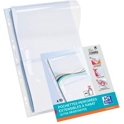 Oxford Sachet de 10 Pochettes perforées A4 avec Rabat en PVC Transparent - Publicité Oxford Sachet de 10 Pochettes perforées A4 avec Rabat en PVC Transparent - Publicité