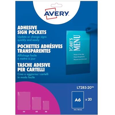 Avery 20 pochettes autocollantes d'affichage 114 x 155 mm (pour feuille A6) - Publicité Avery 20 pochettes autocollantes d'affichage 114 x 155 mm (pour feuille A6) - Publicité