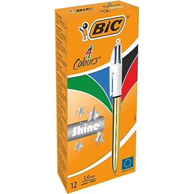 BIC 4 Couleurs Shine Stylos-Bille Rétractables Pointe Moyenne (1.0 mm) Corps Doré Métallisé, Boite de 12 - Publicité BIC 4 Couleurs Shine Stylos-Bille Rétractables Pointe Moyenne (1.0 mm) Corps Doré Métallisé, Boite de 12 - Publicité