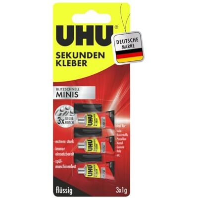 UHU Colle instantanée MINIS Colle liquide super rapide et extrêmement forte dans des mini tubes pratiques 3 x 1 g - Publicité UHU Colle instantanée MINIS Colle liquide super rapide et extrêmement forte dans des mini tubes pratiques 3 x 1 g - Publicité