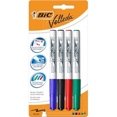 BIC Velleda 1741 Feutres pour Tableau Blanc Effaçables à Sec Pointe Conique Moyenne Couleurs Assorties, Blister de 4 - Publicité BIC Velleda 1741 Feutres pour Tableau Blanc Effaçables à Sec Pointe Conique Moyenne Couleurs Assorties, Blister de 4 - Publicité