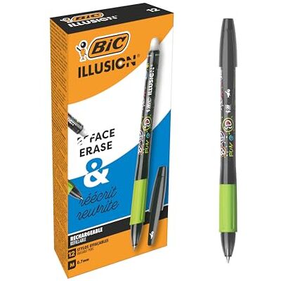 BIC Illusion Stylos-Bille Effaçables et Rechargeables à Pointe Moyenne (0,7 mm) Noir, Boîte de 12 - Publicité BIC Illusion Stylos-Bille Effaçables et Rechargeables à Pointe Moyenne (0,7 mm) Noir, Boîte de 12 - Publicité