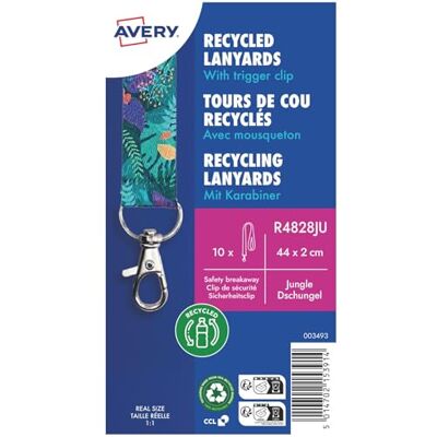 Avery 10 tours de cou recyclés pré-imprimé jungle avec mousqueton - Publicité Avery 10 tours de cou recyclés pré-imprimé jungle avec mousqueton - Publicité