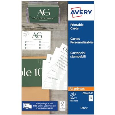 Avery Pochette de 250 cartes de visite imprimables. En carte blanche mate 185g/m². Format 85 x 54 mm. Impression laser/jet d'encre. (C32010-25) - Publicité Avery Pochette de 250 cartes de visite imprimables. En carte blanche mate 185g/m². Format 85 x 54 mm. Impression laser/jet d'encre. (C32010-25) - Publicité