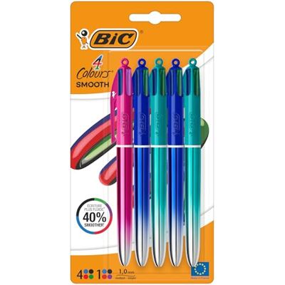 BIC 4 Couleurs Smooth Stylos-Billes Rétractables à Pointe Moyenne (1 mm) Stylo 4 Couleurs avec encre effet gel fluide Couleurs d’Encre Assorties, Pack de 5 - Publicité BIC 4 Couleurs Smooth Stylos-Billes Rétractables à Pointe Moyenne (1 mm) Stylo 4 Couleurs avec encre effet gel fluide Couleurs d’Encre Assorties, Pack de 5 - Publicité