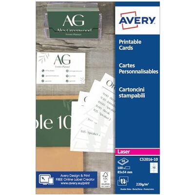 Avery Pochette de 100 cartes de visite à bords lisses imprimables recto/verso. En carte blanche satinée 220g/m². Format 85 x 54 mm. Impression laser. (C32016-10) - Publicité Avery Pochette de 100 cartes de visite à bords lisses imprimables recto/verso. En carte blanche satinée 220g/m². Format 85 x 54 mm. Impression laser. (C32016-10) - Publicité
