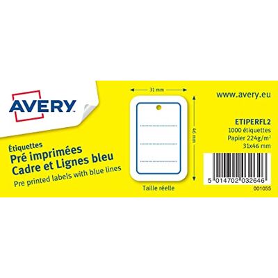 Avery 1000 Étiquettes Perforées Pré Imprimées Cadres et Lignes Bleus Format 31 x 46 mm Papier 224g/m² - Publicité Avery 1000 Étiquettes Perforées Pré Imprimées Cadres et Lignes Bleus Format 31 x 46 mm Papier 224g/m² - Publicité