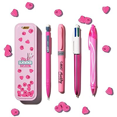 BIC Summer Pink Box : Stylo gel (0,7 mm), Porte-mines, Stylo bille 4 couleurs (1,00 mm), Surligneur Rose, Lot de 4 - Publicité BIC Summer Pink Box : Stylo gel (0,7 mm), Porte-mines, Stylo bille 4 couleurs (1,00 mm), Surligneur Rose, Lot de 4 - Publicité