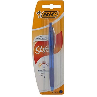 BIC Atlantis Soft Stylos-Bille Rétractables Pointe Moyenne (1,0 mm) Bleu, Blister de1 - Publicité BIC Atlantis Soft Stylos-Bille Rétractables Pointe Moyenne (1,0 mm) Bleu, Blister de1 - Publicité