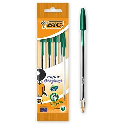 BIC Cristal Original Stylos-Bille Pointe Moyenne (1,0 mm) Vert, Pochette de 4 - Publicité BIC Cristal Original Stylos-Bille Pointe Moyenne (1,0 mm) Vert, Pochette de 4 - Publicité