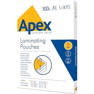 Fellowes pochettes de plastification Apex A3, finition brillante, 100 feuilles Légères Idéales pour les photos. Publicité Fellowes pochettes de plastification Apex A3, finition brillante, 100 feuilles Légères Idéales pour les photos. Publicité