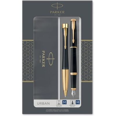 Parker Urban Duo coffret-cadeau avec stylo bille et stylo plume finition laquée noire pâle avec attributs or recharge et cartouche d’encre bleue coffret-cadeau - Publicité Parker Urban Duo coffret-cadeau avec stylo bille et stylo plume finition laquée noire pâle avec attributs or recharge et cartouche d’encre bleue coffret-cadeau - Publicité