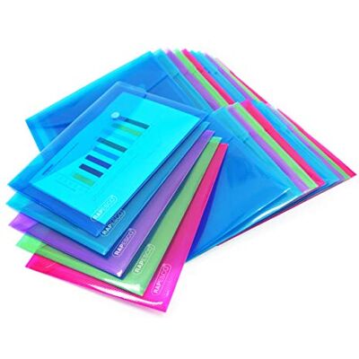 Rapesco 1498 ECO Pochette à Bouton Pression Recyclée, A5, Couleurs Vives Transparentes Assorties, Lot de 25 - Publicité Rapesco 1498 ECO Pochette à Bouton Pression Recyclée, A5, Couleurs Vives Transparentes Assorties, Lot de 25 - Publicité