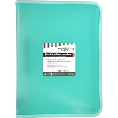 Grafoplás Classeur à anneaux avec fermeture éclair A4+, menthe pastel, multiline, 4 anneaux mixtes de 25 mm, couverture en polypropylène rayé vertical, capacité supplémentaire pour feuilles de papier - Publicité Grafoplás Classeur à anneaux avec fermeture éclair A4+, menthe pastel, multiline, 4 anneaux mixtes de 25 mm, couverture en polypropylène rayé vertical, capacité supplémentaire pour feuilles de papier - Publicité