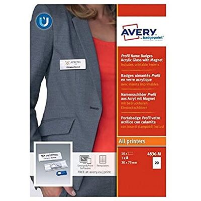 Avery Boite de 10 badges magnétiques type Profil transparent avec aimant puissant, Format 27 x 75 mm - Publicité Avery Boite de 10 badges magnétiques type Profil transparent avec aimant puissant, Format 27 x 75 mm - Publicité