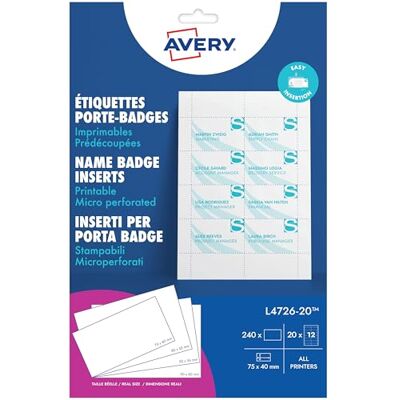 Avery inserts badges microperforés laser/jet d’encre, 40 x 75 mm, L4726-20 - Publicité Avery inserts badges microperforés laser/jet d’encre, 40 x 75 mm, L4726-20 - Publicité