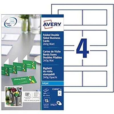 Avery Pochette de 100 cartes de visite double à bords lisses imprimables recto/verso, En carte blanche mate 260g/m², Format 170 x 54 mm, Impression jet d'encre, (C32058-25) - Publicité Avery Pochette de 100 cartes de visite double à bords lisses imprimables recto/verso, En carte blanche mate 260g/m², Format 170 x 54 mm, Impression jet d'encre, (C32058-25) - Publicité