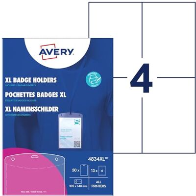 Avery – 50 Pochettes Porte-Badges Format A6 en Plastique Transparent avec 52 Inserts Microperforés Imprimables – 105 x 148 mm – Compatibles avec Impression Laser et Jet d’Encre - Publicité Avery – 50 Pochettes Porte-Badges Format A6 en Plastique Transparent avec 52 Inserts Microperforés Imprimables – 105 x 148 mm – Compatibles avec Impression Laser et Jet d’Encre - Publicité