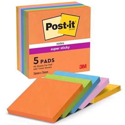 Post-It Notes Autocollantes Super Sticky, Couleurs Boost, Pack de 5 Blocs, 90 Feuilles par Bloc, 76 mm x 76 mm Feuillets Super Adhésifs pour Prise de Notes, Listes de Tâches et Rappels - Publicité Post-It Notes Autocollantes Super Sticky, Couleurs Boost, Pack de 5 Blocs, 90 Feuilles par Bloc, 76 mm x 76 mm Feuillets Super Adhésifs pour Prise de Notes, Listes de Tâches et Rappels - Publicité