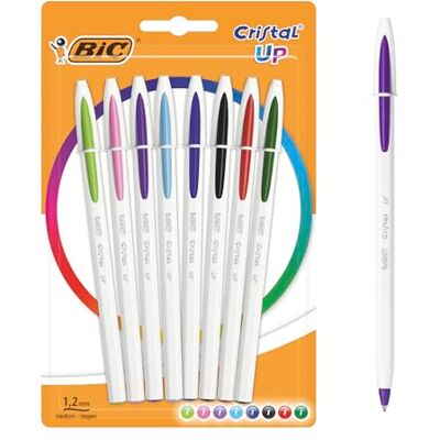 BIC Cristal Up Stylos-Bille Pointe Moyenne (1,2 mm) Écriture Claire et Colorée Couleurs Assorties, Blister de 8 - Publicité BIC Cristal Up Stylos-Bille Pointe Moyenne (1,2 mm) Écriture Claire et Colorée Couleurs Assorties, Blister de 8 - Publicité