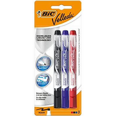 BIC Velleda Feutres pour Tableau Blanc Effaçables à Sec Pointe Conique Large Couleurs Assorties, Blister de 3 - Publicité BIC Velleda Feutres pour Tableau Blanc Effaçables à Sec Pointe Conique Large Couleurs Assorties, Blister de 3 - Publicité