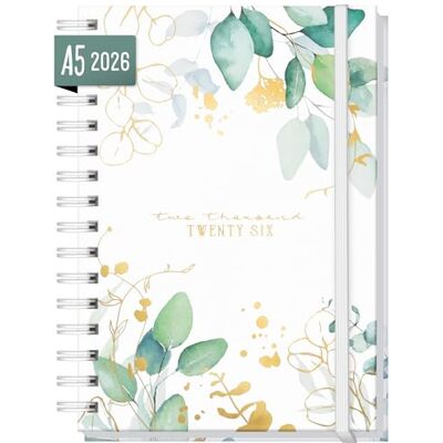 Häfft ® Calendrier international 2026 A5 "Feuille d´or" avec reliure spirale en langues : EN/FR/IT/ES agenda personnel, timer, life planner - Publicité Häfft ® Calendrier international 2026 A5 "Feuille d´or" avec reliure spirale en langues : EN/FR/IT/ES agenda personnel, timer, life planner - Publicité