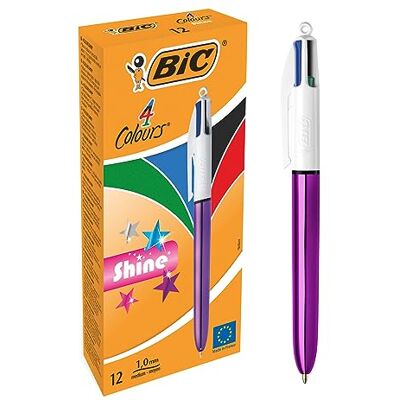 BIC 4 Couleurs Shine Stylos-Bille Rétractables Pointe Moyenne (1,0 mm) Corps Violet Métallisé, Boîte de 12 - Publicité BIC 4 Couleurs Shine Stylos-Bille Rétractables Pointe Moyenne (1,0 mm) Corps Violet Métallisé, Boîte de 12 - Publicité