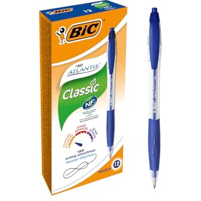 BIC Atlantis Classic Stylos-Bille Rétractables Pointe Moyenne (1,0 mm) Bleu, Boîte de 12 - Publicité BIC Atlantis Classic Stylos-Bille Rétractables Pointe Moyenne (1,0 mm) Bleu, Boîte de 12 - Publicité