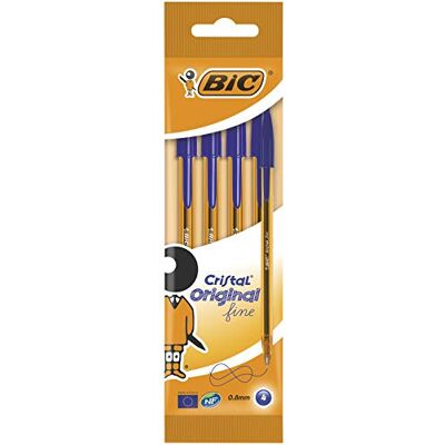 BIC Cristal Original Fine Stylos-Bille Pointe Fine (0,8 mm) Encre Bleue, Corps Orange Translucide, Pochette de 4 - Publicité BIC Cristal Original Fine Stylos-Bille Pointe Fine (0,8 mm) Encre Bleue, Corps Orange Translucide, Pochette de 4 - Publicité