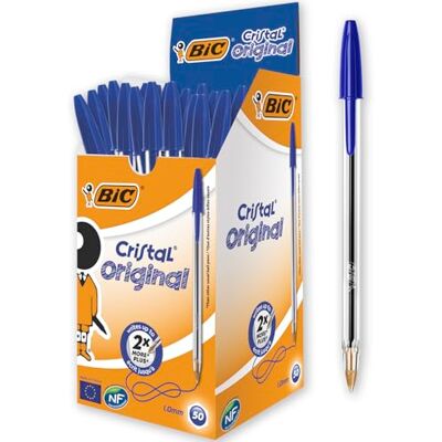 BIC CRISTAL Original Stylos-Bille Pointe Moyenne (1,0 mm)- Parfait pour l'Ecole et au Bureau) Bleu, Boîte de 50 - Publicité BIC CRISTAL Original Stylos-Bille Pointe Moyenne (1,0 mm)- Parfait pour l'Ecole et au Bureau) Bleu, Boîte de 50 - Publicité