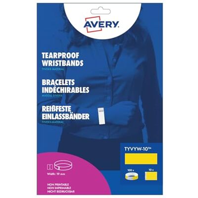 Avery Sachet de 100 bracelets d’identification papier Tyvek jaune fluo, largeur 19 mm, résistants à l’eau, indéchirables, fermeture sécurisée, événements contrôle d’accès - Publicité Avery Sachet de 100 bracelets d’identification papier Tyvek jaune fluo, largeur 19 mm, résistants à l’eau, indéchirables, fermeture sécurisée, événements contrôle d’accès - Publicité
