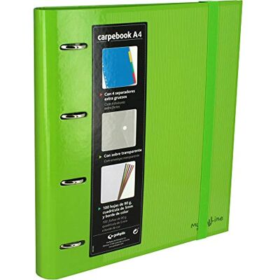 Grafoplás 88102020. Classeur 4 anneaux perforés A4 avec enveloppe transparente, 4 intercalaires et 100 feuilles, couleur vert, 4 anneaux de 35 mm, fermeture en caoutchouc. Porte-documents Multiline - Publicité Grafoplás 88102020. Classeur 4 anneaux perforés A4 avec enveloppe transparente, 4 intercalaires et 100 feuilles, couleur vert, 4 anneaux de 35 mm, fermeture en caoutchouc. Porte-documents Multiline - Publicité
