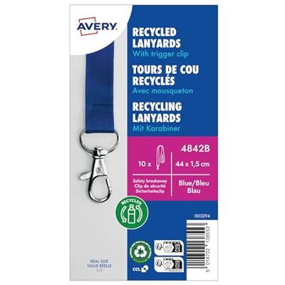 Avery – Lot de 10 tours de cou bleu fabriqué à partir de plastique reconditionnés avec mousqueton en métal 44 x 1,5 cm – tours de cou en polyester satiné fabriqué à partir de plastique reconditionné - Publicité Avery – Lot de 10 tours de cou bleu fabriqué à partir de plastique reconditionnés avec mousqueton en métal 44 x 1,5 cm – tours de cou en polyester satiné fabriqué à partir de plastique reconditionné - Publicité