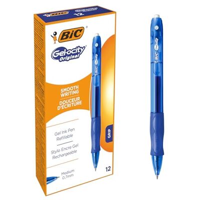 BIC Gel-ocity Stylos Gel Rétractables et Rechargeables Pointe Moyenne (0,7 mm) Bleu, Boîte de 12 - Publicité BIC Gel-ocity Stylos Gel Rétractables et Rechargeables Pointe Moyenne (0,7 mm) Bleu, Boîte de 12 - Publicité