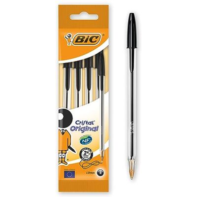 BIC Cristal Original Stylos-Bille Pointe Moyenne (1,0 mm) Noir, Pochette de 4 - Publicité BIC Cristal Original Stylos-Bille Pointe Moyenne (1,0 mm) Noir, Pochette de 4 - Publicité