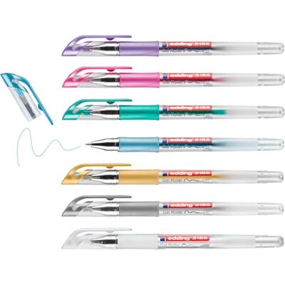 Edding 2185 Roller à encre gel blanc, or, argent, bleu, vert, rose, violet étui de 7 -,7 mm stylo gel pour écrire, dessiner, pour mandalas, bullet journals roller gel, stylo roller - Publicité Edding 2185 Roller à encre gel blanc, or, argent, bleu, vert, rose, violet étui de 7 -,7 mm stylo gel pour écrire, dessiner, pour mandalas, bullet journals roller gel, stylo roller - Publicité