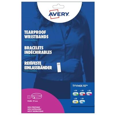 Avery Sachet de 100 bracelets d’identification papier Tyvek multicolores 5 couleurs bleu rose vert jaune rouge, largeur 19 mm, résistants à l’eau, fermeture sécurisée - Publicité Avery Sachet de 100 bracelets d’identification papier Tyvek multicolores 5 couleurs bleu rose vert jaune rouge, largeur 19 mm, résistants à l’eau, fermeture sécurisée - Publicité