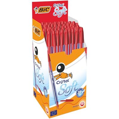 BIC Cristal Soft Stylos-Bille Pointe Moyenne (1,2 mm) Écriture Douce et Fluide Rouge, Boîte de 50 - Publicité BIC Cristal Soft Stylos-Bille Pointe Moyenne (1,2 mm) Écriture Douce et Fluide Rouge, Boîte de 50 - Publicité