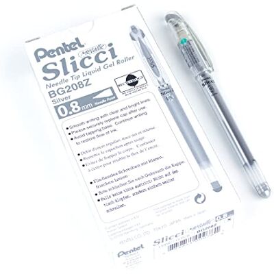 Pentel Slicci pointe aiguille-Arts métallisés 0,8 mm-encre Gel Argenté Boîte de 12 (BG208-Z) - Publicité Pentel Slicci pointe aiguille-Arts métallisés 0,8 mm-encre Gel Argenté Boîte de 12 (BG208-Z) - Publicité