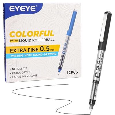 EYEYE Lot de 12 stylos roller noirs à pointe aiguille de 0,5 mm, à séchage rapide, à encre liquide, stylo d'écriture lisse pour journal, prise de notes, bureau, fournitures scolaires - Publicité EYEYE Lot de 12 stylos roller noirs à pointe aiguille de 0,5 mm, à séchage rapide, à encre liquide, stylo d'écriture lisse pour journal, prise de notes, bureau, fournitures scolaires - Publicité