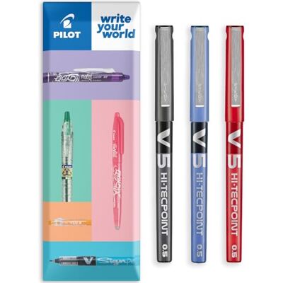 PILOT Lot de 3 stylos roller V5 Hi-Tecpoint Pointe fine 0,5 mm Largeur de trait 0,3 mm Lot de 3 oreillers Noir, bleu et rouge - Publicité PILOT Lot de 3 stylos roller V5 Hi-Tecpoint Pointe fine 0,5 mm Largeur de trait 0,3 mm Lot de 3 oreillers Noir, bleu et rouge - Publicité