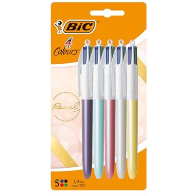 BIC 4 Couleurs Pearl Stylo-Bille Pointe Moyenne (1,0 mm) Couleurs Assorties, Blister de 5 - Publicité BIC 4 Couleurs Pearl Stylo-Bille Pointe Moyenne (1,0 mm) Couleurs Assorties, Blister de 5 - Publicité