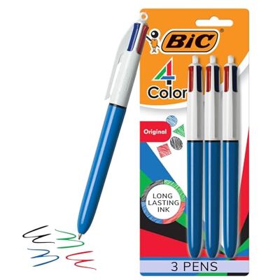 BIC Lot de 3 stylos à bille rétractables originaux 4 couleurs, pointe moyenne (1 mm), stylo à bille rétractable avec encre longue durée - Publicité BIC Lot de 3 stylos à bille rétractables originaux 4 couleurs, pointe moyenne (1 mm), stylo à bille rétractable avec encre longue durée - Publicité