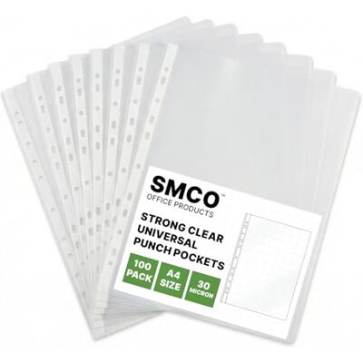 SMCO 100 x A4 Plastique Transparent poches perforées dossiers Classement Wallets manches - Publicité SMCO 100 x A4 Plastique Transparent poches perforées dossiers Classement Wallets manches - Publicité