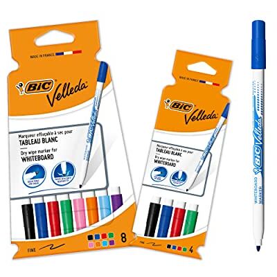 BIC Velleda 1721 Feutres pour Tableau Blanc Effaçables à Sec Pointe Conique Fine Couleurs assorties, Lot de 8+4 - Publicité BIC Velleda 1721 Feutres pour Tableau Blanc Effaçables à Sec Pointe Conique Fine Couleurs assorties, Lot de 8+4 - Publicité