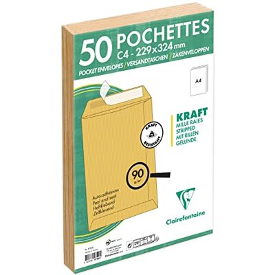 Clairefontaine 5750C Paquet de 50 Pochettes Kraft Milleraies Brun C4-229x324 mm Auto-Adhésives 90g/m² - Publicité Clairefontaine 5750C Paquet de 50 Pochettes Kraft Milleraies Brun C4-229x324 mm Auto-Adhésives 90g/m² - Publicité