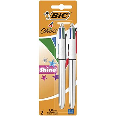 BIC 950639 4 Colours Shine Lot de 2 Stylos Bille 1 mm corps Argent - Publicité BIC 950639 4 Colours Shine Lot de 2 Stylos Bille 1 mm corps Argent - Publicité